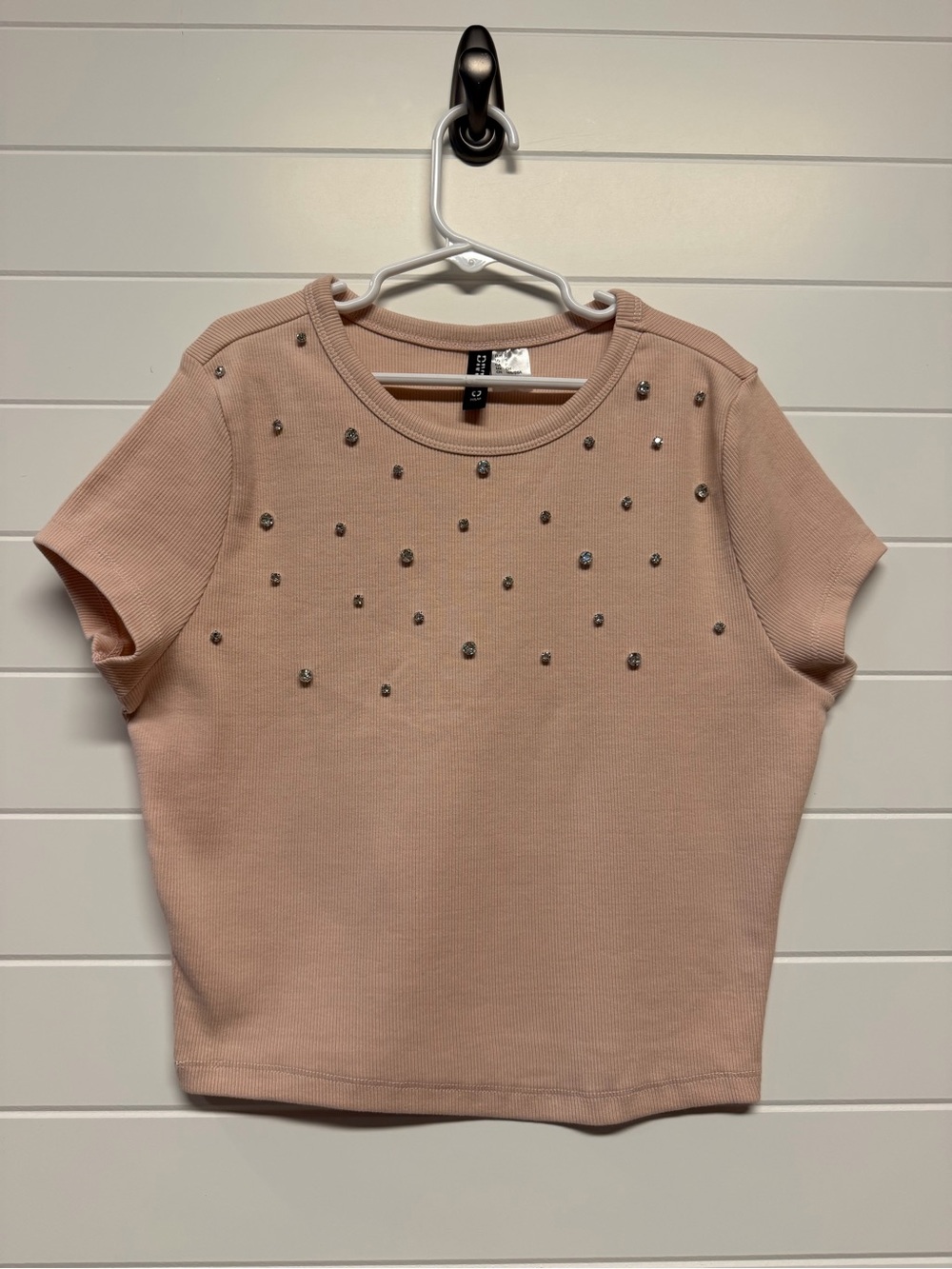 H&M Blush Pink Short Sleeve Bling Stud Embellished Tee, Small